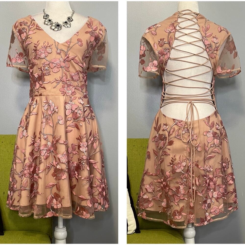 TwoSisters Pink Lace Open Lace Back Fit and Flare Cocktail Dress NEW